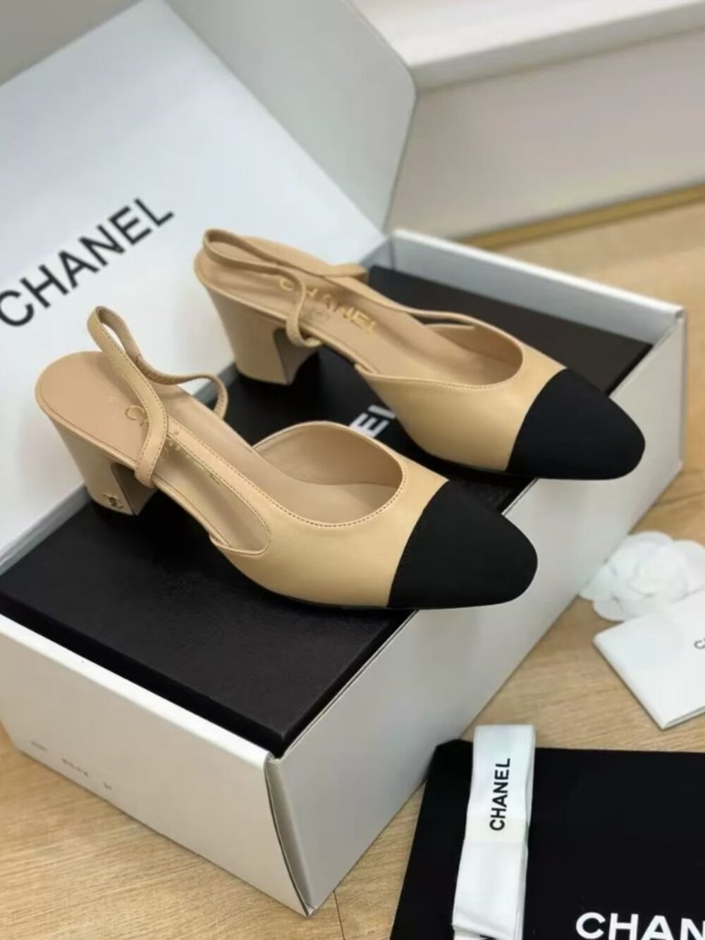 Chanel Two Tone Slingback Block Heels Classic Pumps
